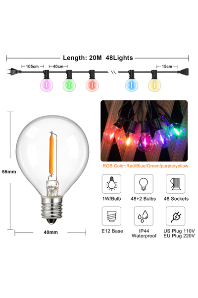 Choice قابس الاتحاد الأوروبي 220 فولت 20 متر 48 مصباحًا بطول 50 قدمًا RGB جار...