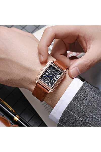 Choice ساعة يد رجالية كوارتز بسوار جلدي بلون القهوة الوردي الأسود