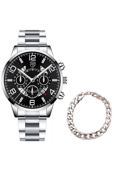 Choice Silver Black 2PCS Fashion Mens Bracelet Watches Set Luxury Men Sports Silver Stainless Steel Quartz