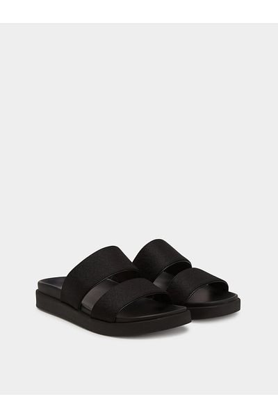 Calvin Klein Women's Comfortable Medium Thick Sole Monogram Logo Patterned Black Slippers Hw0Hw02486-Beh