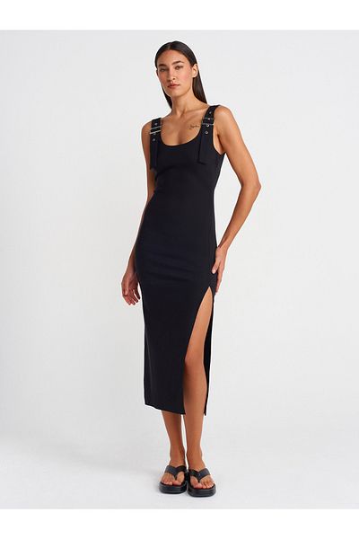 Dilvin 90919 Buckle Strap Midi Dress-Black