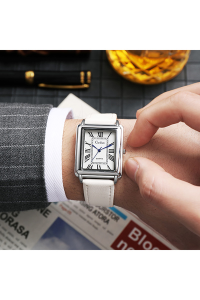 Choice ساعة يد رجالية أنيقة من الكوارتز بسوار جلدي باللون الأبيض