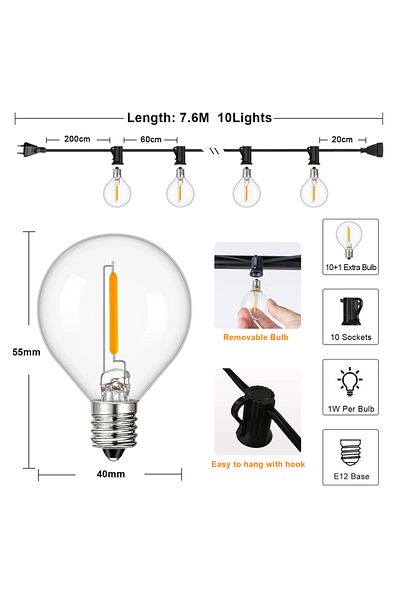 Choice EU Plug 220V 7.6M 10Bulbs G40 Indoor Outdoor String Light E12 Socket EU plug 220V Connectable Dimmab