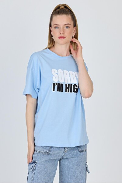 Rays تي شيرت كبير الحجم مطبوع عليه نص أزرق 100% قطن 2150-7M