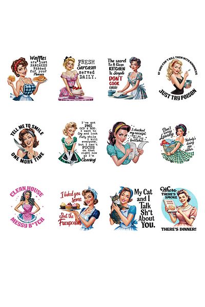 Choice MULTI 12pcs Funny Retro Women Sarcastic Housewife UV DTF Cup Wrap Transfer Sticker Glass Coffee Mugs