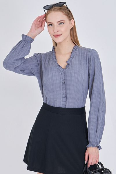 armonika Women's Gray Collar and Front Ruffle Detail Long Sleeve Blouse with Elastic Sleeves Arm-25K001030
