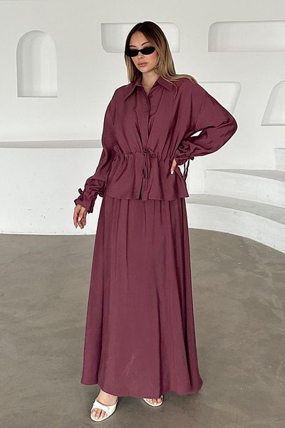 Olcay Gathered Detailed Skirt Jacket Modal Suit Gül 9347-Tk