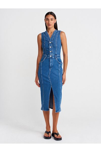 Dilvin 90561 Rochie din denim lycra cu decolteu în V-albastru