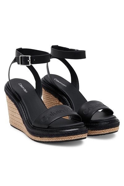 Calvin Klein Women's Open Toe Logo Embossed Ankle Buckle Closure High Heels Leather Black Sandals Hw0Hw023