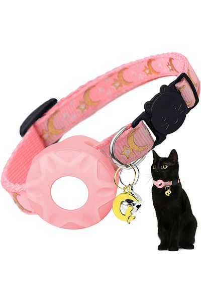 Choice Airtag not included Pink(No Tracker) Apple Tag Pet Collar with AirTag Holder & Moon Ornament for Kit