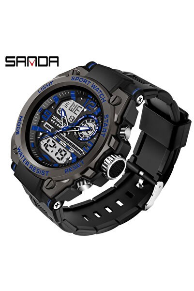 Choice 6024 ساعة يد رياضية كوارتز زرقاء للرجال من SANDA مزودة بشاشة مزدوجة وساعة يد رقمية إلكترونية مقاومة للماء