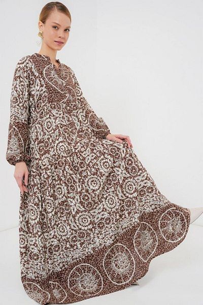 Aymood 2423 Authentic Patterned Hijab Dress - Y.Brown