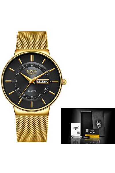 Lige ساعات رجالية فاخرة LIGE 2024 ذهبية سوداء مقاومة للماء وساعة تاريخ رفيعة ...