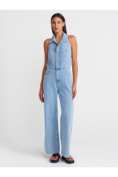 Dilvin 72008 Salopetă lungă din denim fără spate-albastru