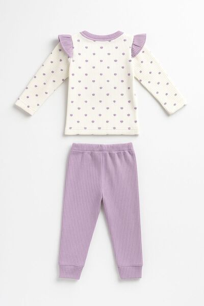 Trend Bebe Butik Kız Bebek Kalp Desenli İkili Takım | Düğmeli Volanlı Üst + Ribanalı Pantolon | 6-9-12-18 Ay