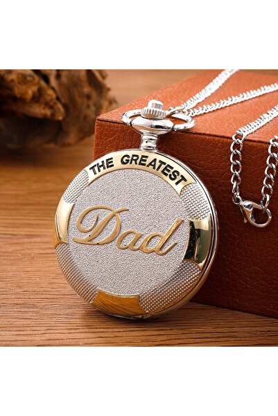 Choice ساعة جيب كوارتز فضية عتيقة ذهبية فاخرة تحمل شعار THE GREATEST DAD مع سلسلة وقلادة للرجال