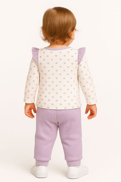 Trend Bebe Butik Kız Bebek Kalp Desenli İkili Takım | Düğmeli Volanlı Üst + Ribanalı Pantolon | 6-9-12-18 Ay