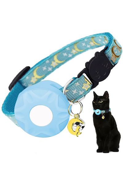 Choice Airtag not included Blue(No Tracker) Apple Tag Pet Collar with AirTag Holder & Moon Ornament for Kit
