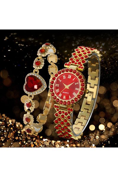 Choice Red 2pcs Women Fashion Luxury Diamond Watch Quartz Wristwatch & Heart Bracelet Set Clock Montre Femm