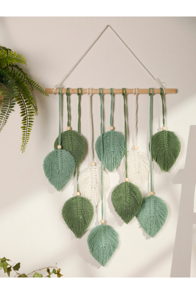 Choice نسيج مكرمية D7938 على شكل ورقة شجر بني أخضر نسيج حائطي ديكور منزلي بوهيمي نسيج مكرمية معلق على الحائط