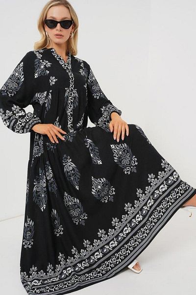 Aymood 2423 Φόρεμα Hijab με αυθεντικό σχέδιο - Μαύρο 11