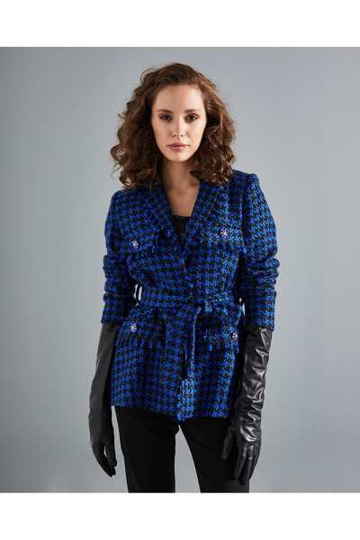 SERPİL Kadın Kazayağı Desenli Ceket - Taşlı Düğme - Kemerli - Modern ve Şık -...