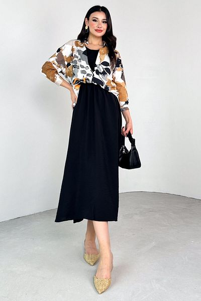Cappmoda ELB-01799 Καλοκαιρινό φόρεμα από ύφασμα Aerobin με λεπτομέρεια πουκάμισο με μοτίβο βιζόν