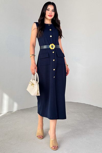 Cappmoda ELB-01800 Φόρεμα με μηδενικό μανίκι με λεπτομέρεια με κουμπιά με ζώνη Navy Blue