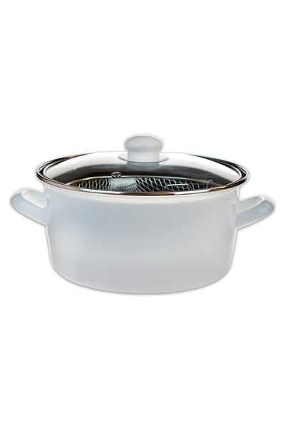 Hane216 22cm White Enamel Glass Lid Frying Pan