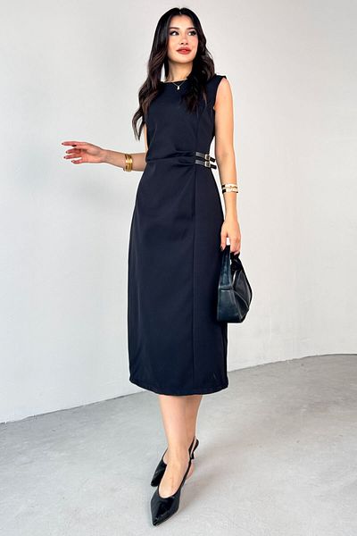 Cappmoda ELB-01789 Μαύρη δερμάτινη ζώνη με φερμουάρ στην πλάτη Λεπτομερές πλαστικοποιημένο φόρεμα Polyviscon