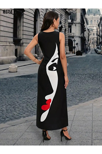 Modayakamoz Kadın Sıfır Kol V Yaka Yüz Desenli Süprem Elbise