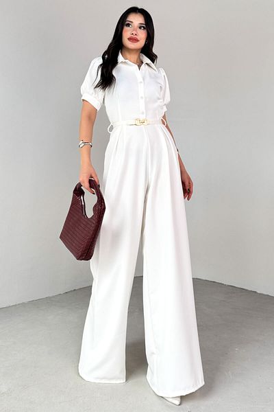 Cappmoda ELB-01795 Λευκό πουκάμισο με ζώνη γιακά πλισέ φόρμα Polyviscon