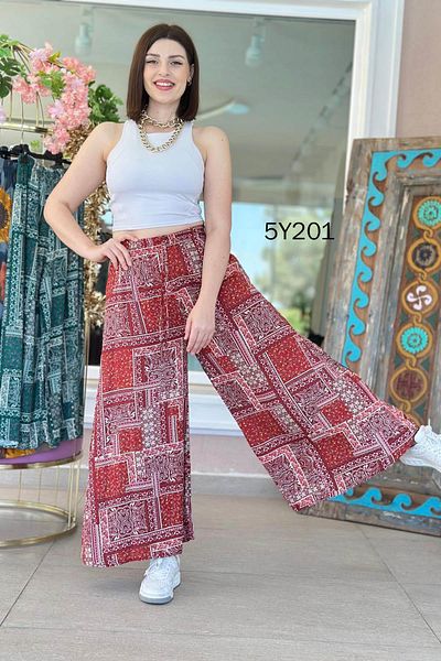 İnce Topuk Patterned Viscose Wide Leg Trousers 5Y201
