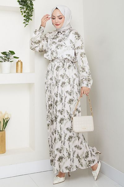 InStyle Satin Mist Pleated Khaki Skirt Suit
