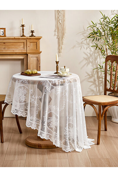 Choice مفرش طاولة دائري أبيض مقاس 90×90 سم، مفرش طاولة دائري من الدانتيل الأبيض، مزين بنقشة زهرة الكرمة، طاولة طعام لغرفة المعيشة