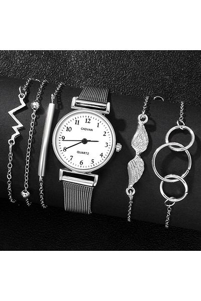 Choice Silvery White 6PCS Set Women Watches Fashion Ladies Quartz Watch Bracelet Set Silvery Mesh Luxury Wo