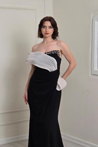 Yonca Moda Evi Siyah Detay Yakalı Abiye Elbise 5445