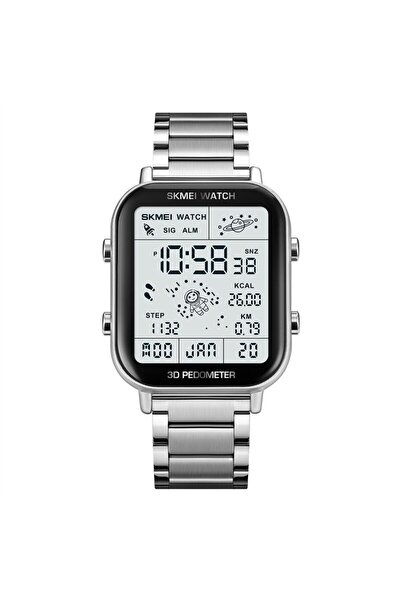 Skmei ساعة يد رقمية فضية أنيقة للرجال، شاشة بإضاءة خلفية، رياضية متعددة الوظا...