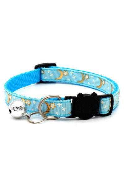 Choice S Light blue Gold Stars and Moon Cat Collar with Reflective Safety Buckle and Bell