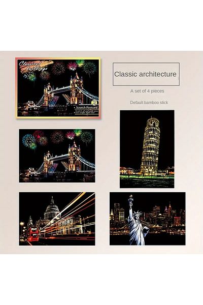 Choice Classtic Night Scene Scratch Art Urban Landscape Architecture Clip Art 4PCS Postcard Style Colorful