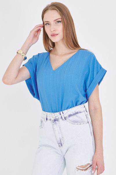 armonika Жіноча блакитна блуза з V-подібним вирізом, розрізом з боків, довгими рукавами та подвійними манжетами, оверсайз, ARM-24Y001074