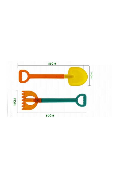 rexa Plastic Beach Toy The shovel is 53cm long and 15cm wide, while the rake is 50cm long and 15cm wide