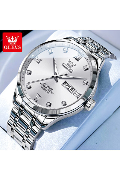 Choice ساعة OLEVS 9946 أصلية أوتوماتيكية للرجال باللون الفضي والأبيض، مع عرض ...