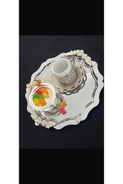 SEVA ÇELİK 1 Pcs Steel Round Wavy Silver Handle Service and Presentation Tray
