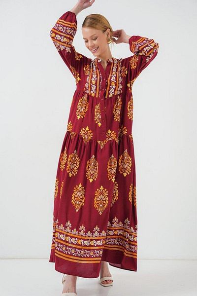 Aymood 2423 Authentic Patterned Hijab Dress - E. Burgundy