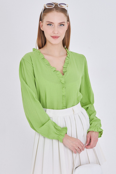 armonika Women's Pistachio Green Collar and Front Ruffle Detail Long Sleeve Blouse with Elastic Sleeves Arm-25K001030