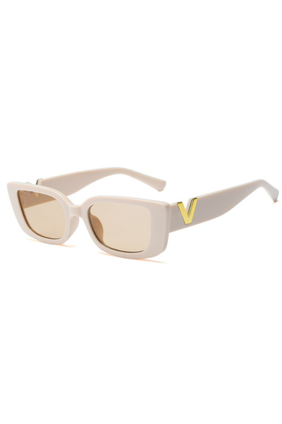 Choice نظارات شمسية نسائية مستطيلة الشكل باللون البيج على شكل حرف V، إطار صغير عتيق، ماركة فاخرة، نظارات شمسية