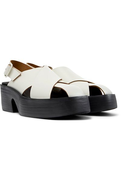 CAMPER Women's White Genuine Leather Comfy Thick Heeled Sandals with Back Strap Billie