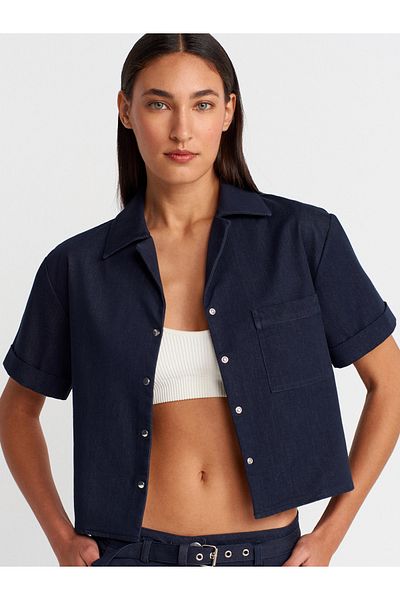 Dilvin 50506 Crop Shirt with Pockets-Navy Blue