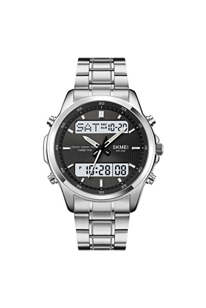 Skmei ساعة يد رقمية أنيقة باللونين الفضي والأبيض، مزودة بمؤقت عد تنازلي ثلاثي...